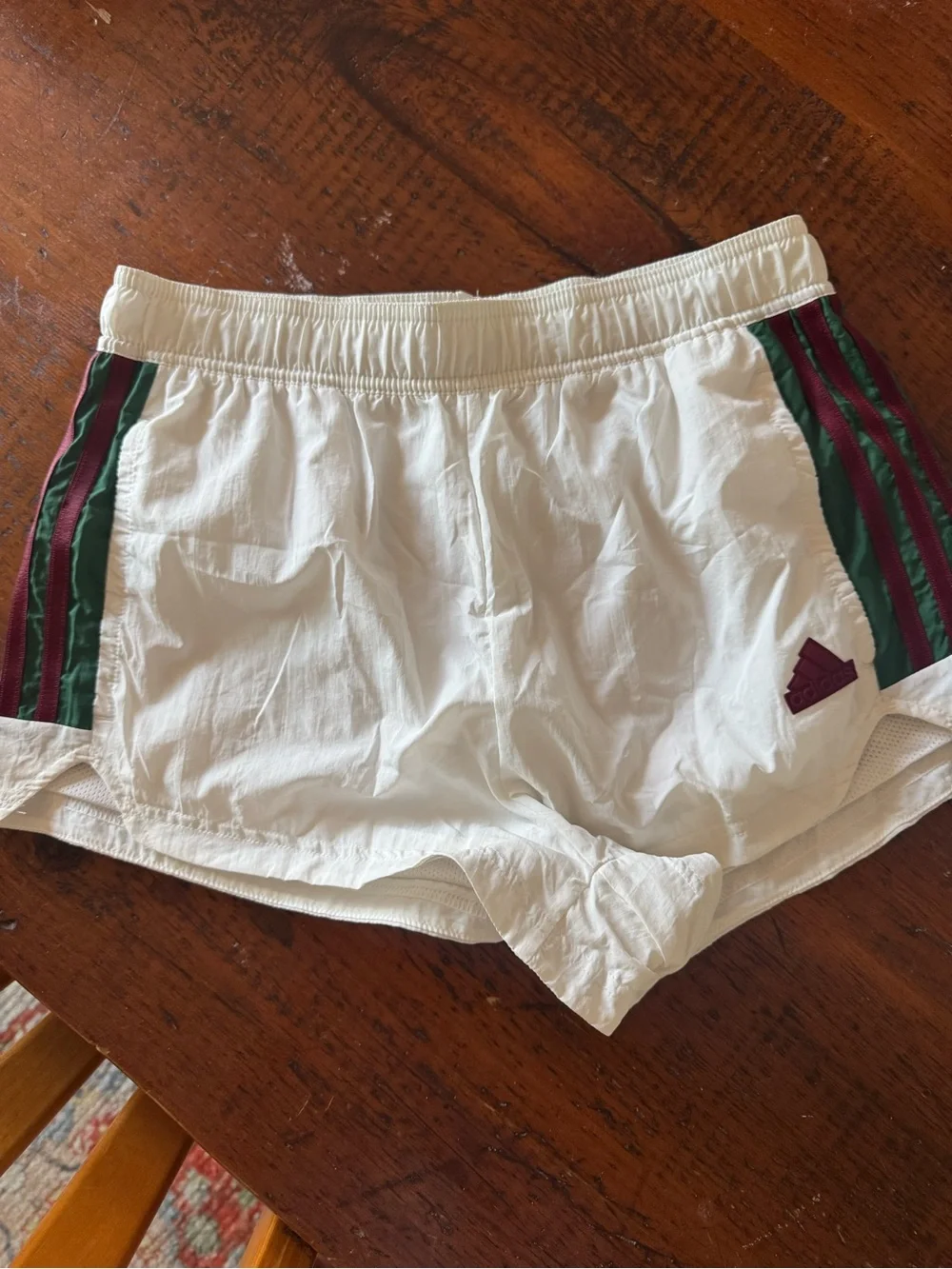 Adidas White Vintage Inspired Running Shorts with Green & Burgundy Stripe - Picture 1 of 5